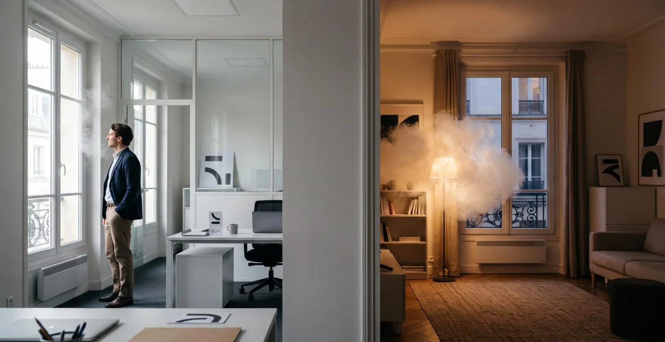 Comparaison visuelle entre une vape discrète en environnement professionnel et une vape généreuse dans un salon en France