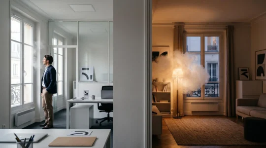 Comparaison visuelle entre une vape discrète en environnement professionnel et une vape généreuse dans un salon en France