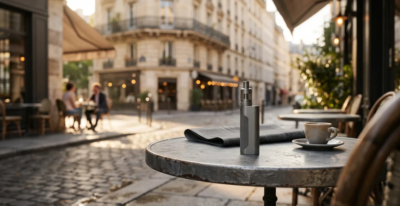 Cigarette electronique posee sur une table de cafe parisien, illustrant le choix d'une batterie adaptee a une journee complete