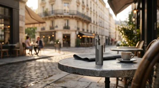 Cigarette electronique posee sur une table de cafe parisien, illustrant le choix d'une batterie adaptee a une journee complete