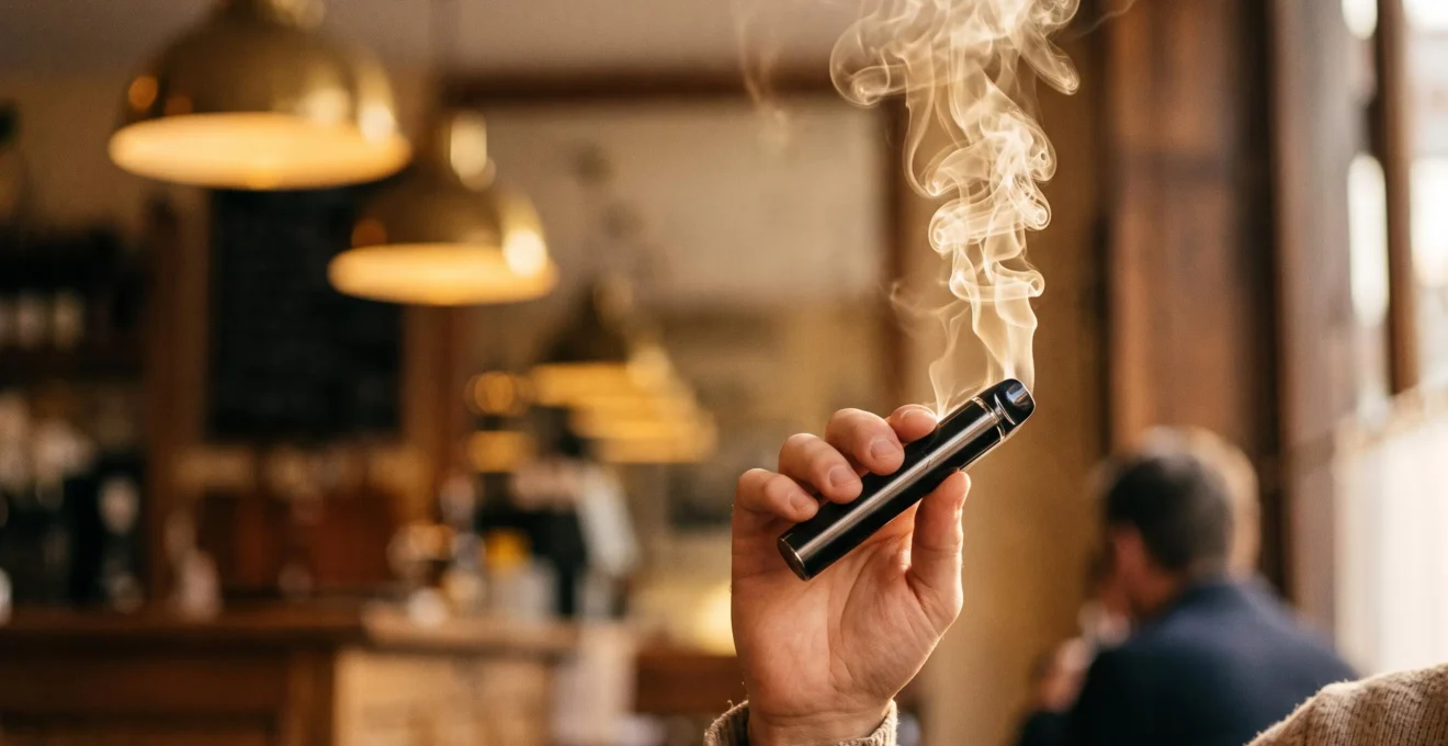 Vapoteur savourant les arômes complexes d'un e-liquide français dans une ambiance élégante et feutrée