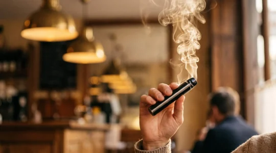 Vapoteur savourant les arômes complexes d'un e-liquide français dans une ambiance élégante et feutrée