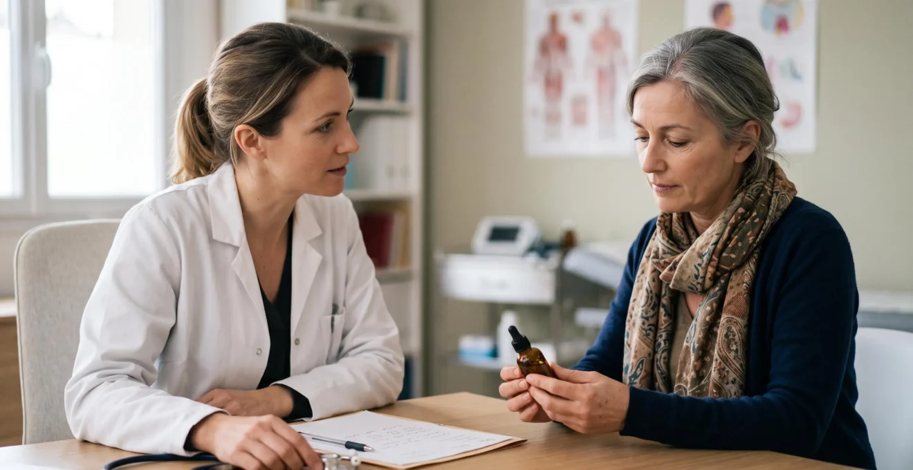 Patient et medecin echangeant en consultation en France autour d'un flacon de CBD et d'une ordonnance, symbolisant le dialogue entre bien-etre et medecine conventionnelle