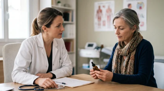 Patient et medecin echangeant en consultation en France autour d'un flacon de CBD et d'une ordonnance, symbolisant le dialogue entre bien-etre et medecine conventionnelle