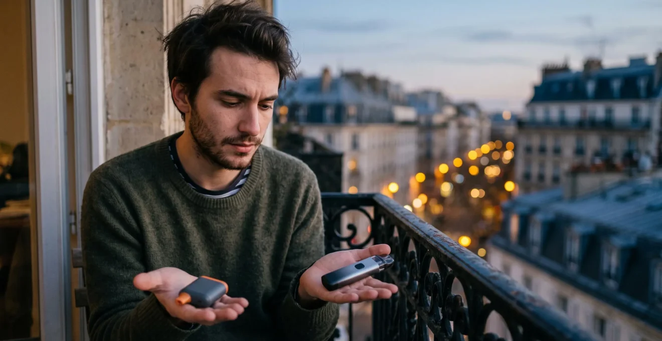 Jeune adulte comparant deux dispositifs de vapotage sur une terrasse parisienne au crépuscule, symbolisant le choix entre puff jetable et vape rechargeable