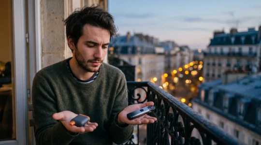 Jeune adulte comparant deux dispositifs de vapotage sur une terrasse parisienne au crépuscule, symbolisant le choix entre puff jetable et vape rechargeable