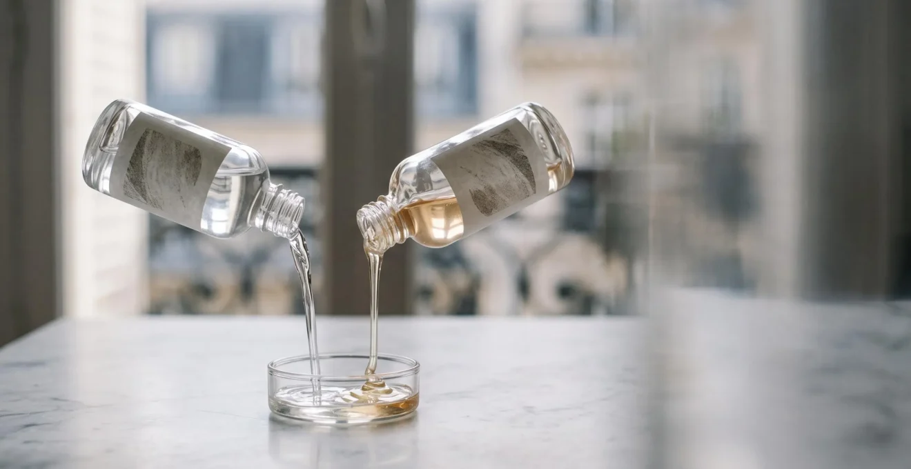 Deux flacons compte-gouttes en verre laissant couler des liquides de viscosité différente, illustrant le choix du ratio PG/VG
