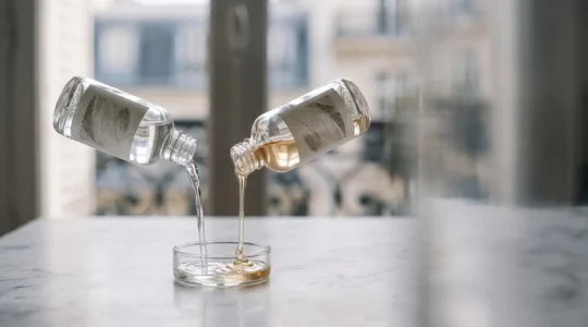 Deux flacons compte-gouttes en verre laissant couler des liquides de viscosité différente, illustrant le choix du ratio PG/VG