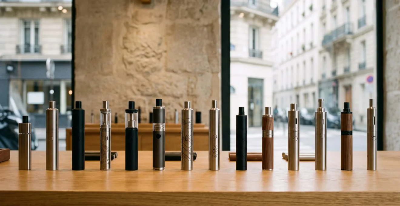 Une sélection de clearomiseurs de cigarette électronique alignés sur un comptoir de boutique de vape en France, illustrant la diversité de choix parmi des centaines de modèles.