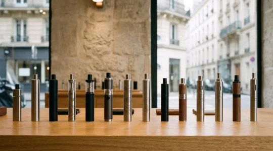 Une sélection de clearomiseurs de cigarette électronique alignés sur un comptoir de boutique de vape en France, illustrant la diversité de choix parmi des centaines de modèles.