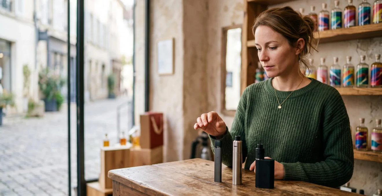 Une personne hésite face à plusieurs modèles de cigarettes électroniques disposés sur un comptoir de boutique française, symbolisant le choix du premier équipement de vape.