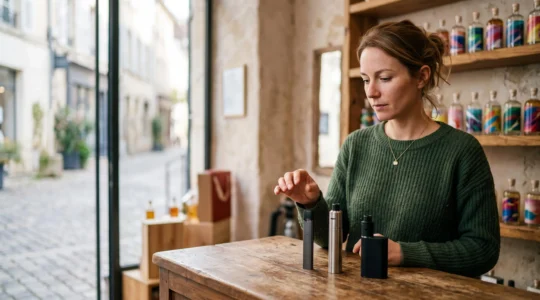 Une personne hésite face à plusieurs modèles de cigarettes électroniques disposés sur un comptoir de boutique française, symbolisant le choix du premier équipement de vape.