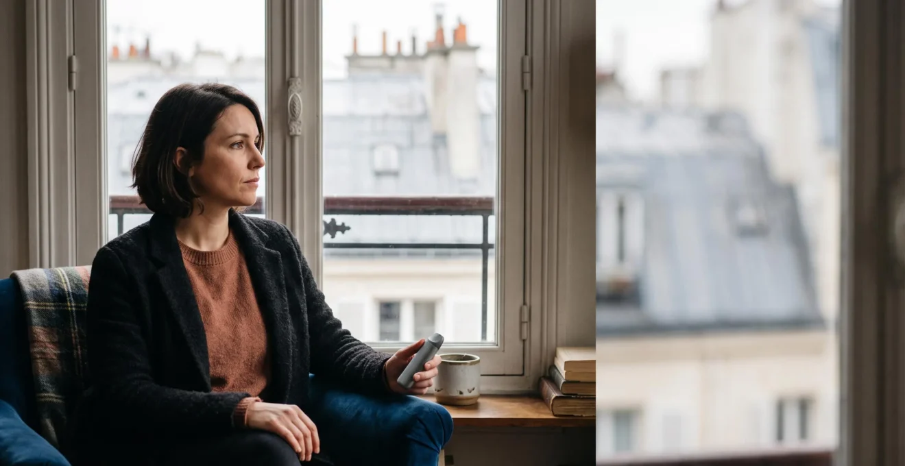 Personne tenant une cigarette électronique en réfléchissant à son parcours de sevrage tabagique, dans un cadre lumineux à la française