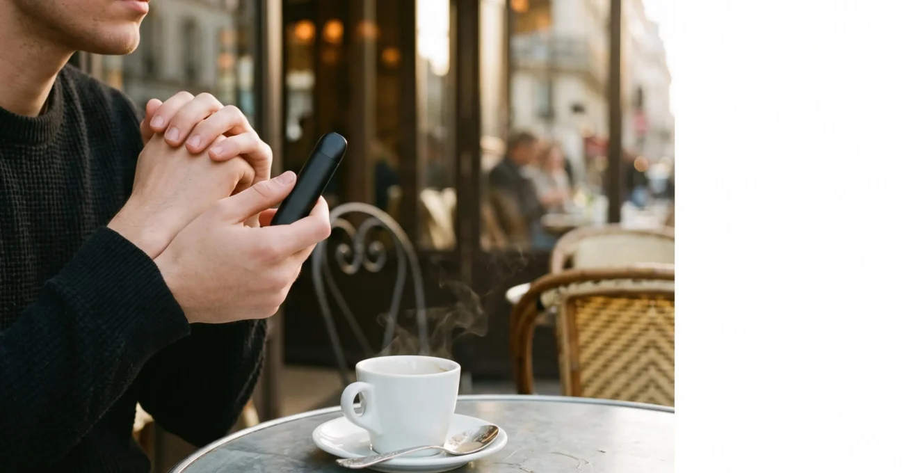 Main tenant un petit pod de cigarette électronique dans un cadre urbain français, symbolisant le choix majoritaire des nouveaux vapoteurs
