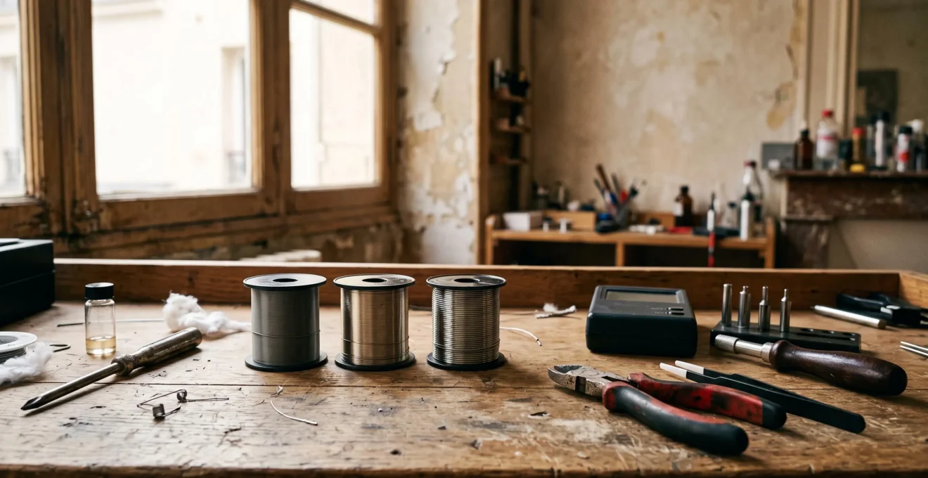 Trois bobines de fil résistif différentes disposées sur un établi de montage reconstructible, illustrant le choix entre kanthal, nichrome et inox