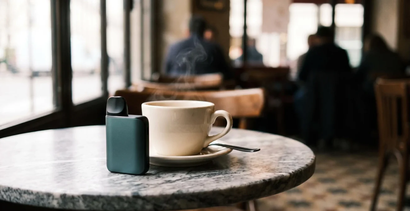 Pod de cigarette électronique simple posé sur une table de café parisien, illustrant la facilité d'usage au quotidien