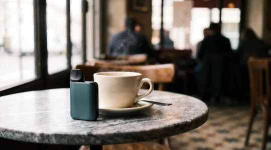 Pod de cigarette électronique simple posé sur une table de café parisien, illustrant la facilité d'usage au quotidien