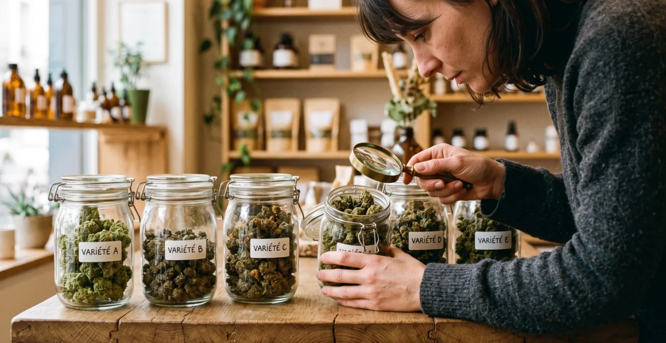 Une cliente compare des fleurs de CBD dans des pots en verre alignés sur une table en bois, à la loupe, dans une boutique spécialisée.