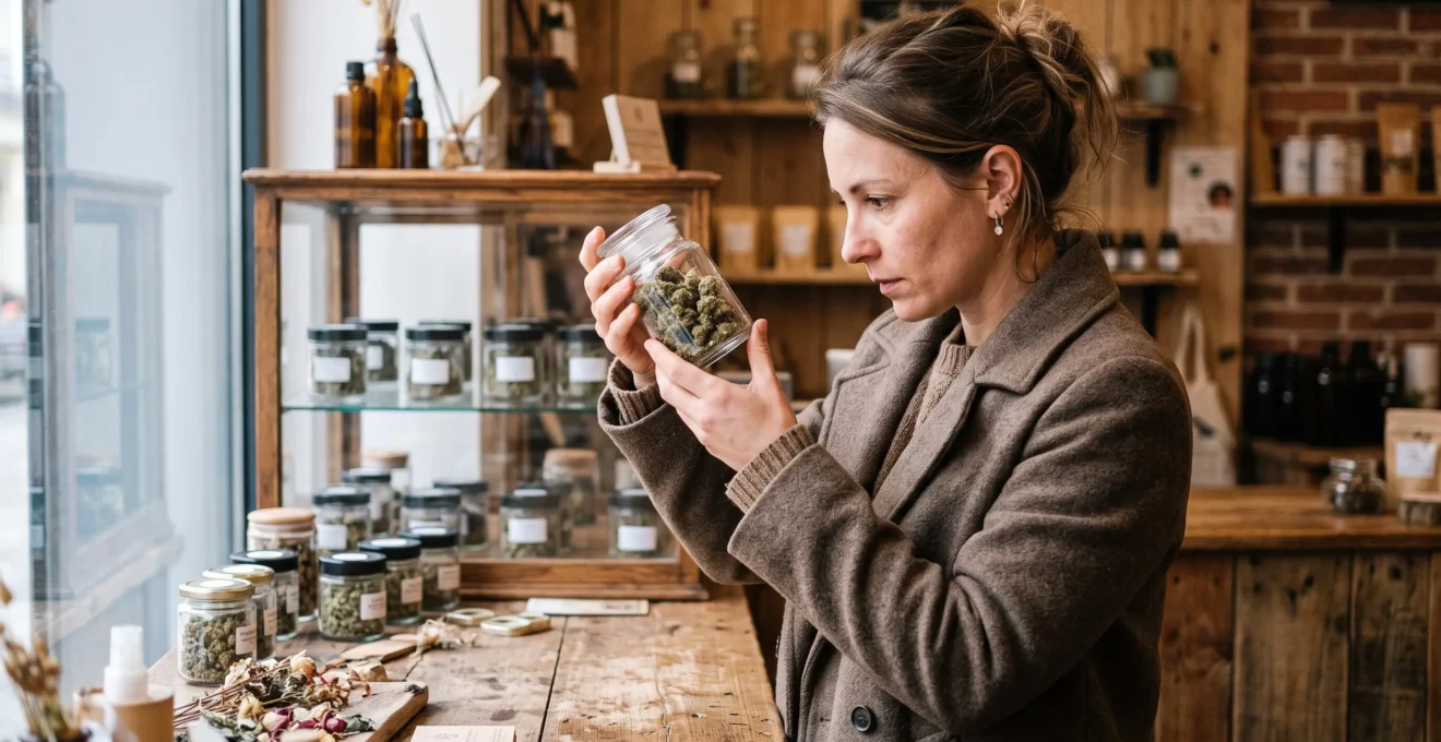 Une cliente examine attentivement un pot de fleurs de CBD dans une boutique spécialisée.