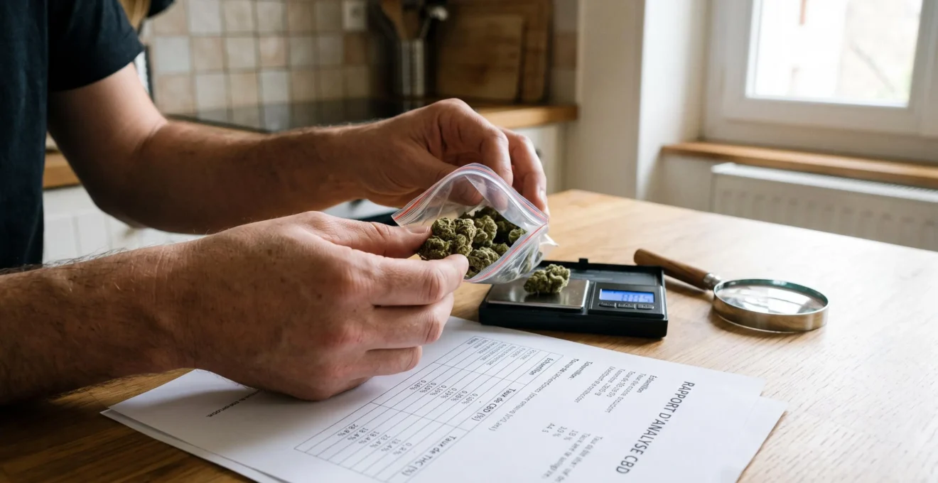 Des mains comparent des fleurs de CBD d'un sachet avec un bulletin d'analyse de laboratoire posé sur une table, à côté d'une balance de précision.