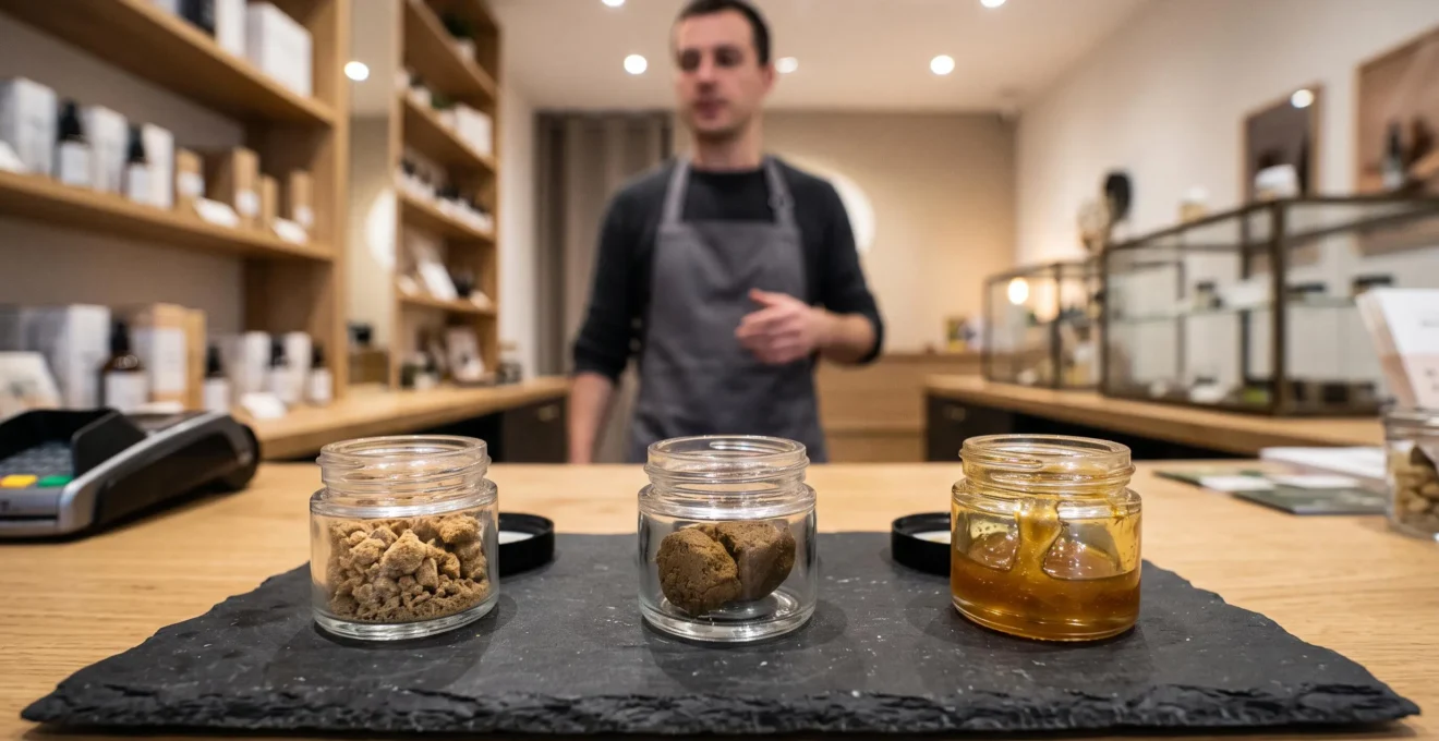 Trois pots en verre contenant des résines de CBD de textures et couleurs différentes, posés sur un comptoir de boutique.