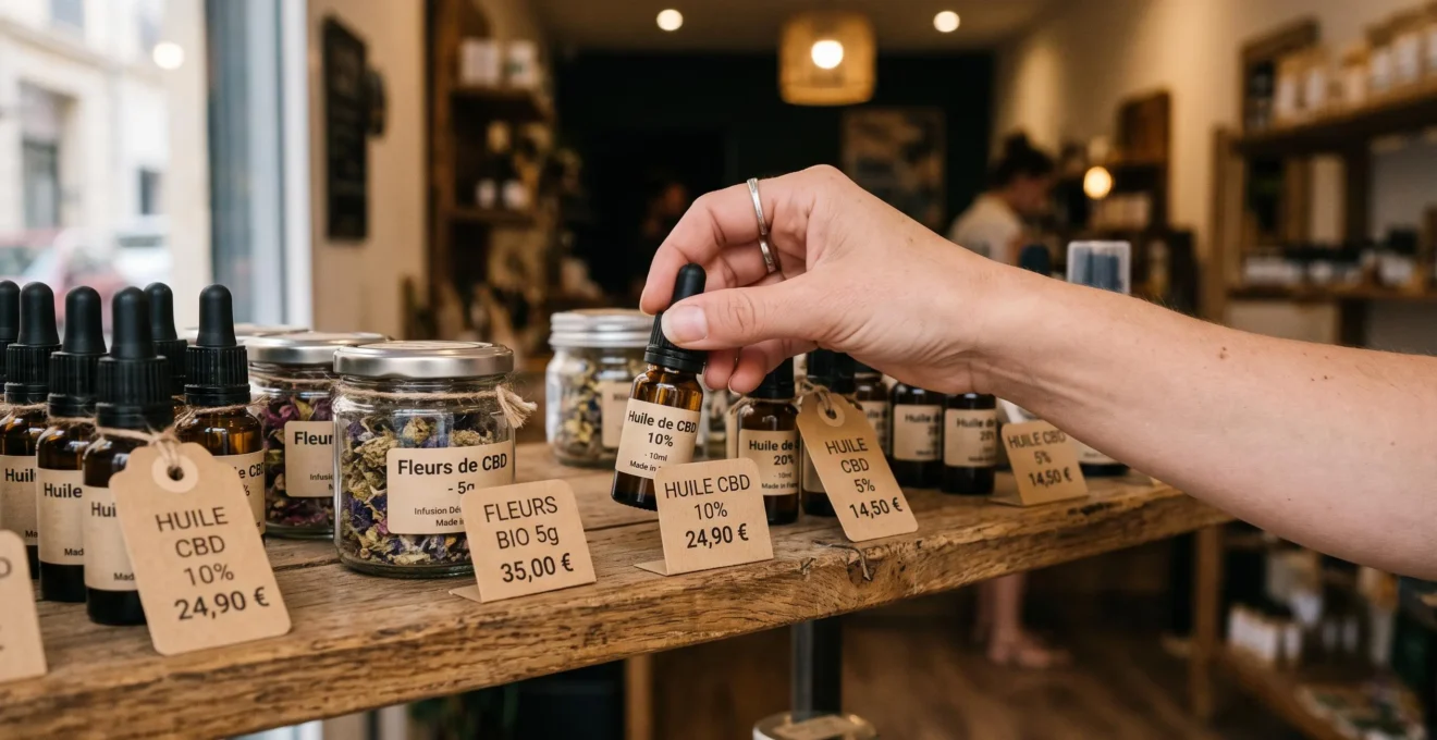 Une main compare des flacons d'huile de CBD et leurs étiquettes de prix sur une étagère en bois d'une boutique.