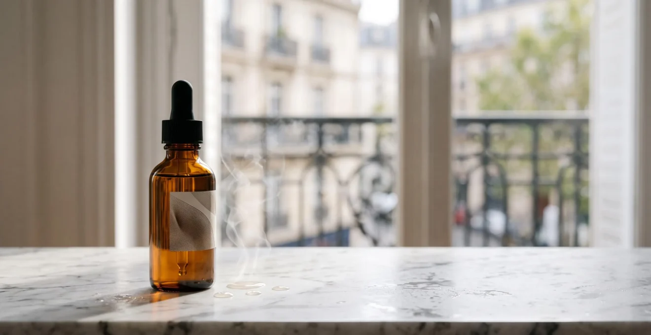 Flacon de e-liquide et ses composants essentiels mis en scene dans une ambiance francaise elegante et epuree