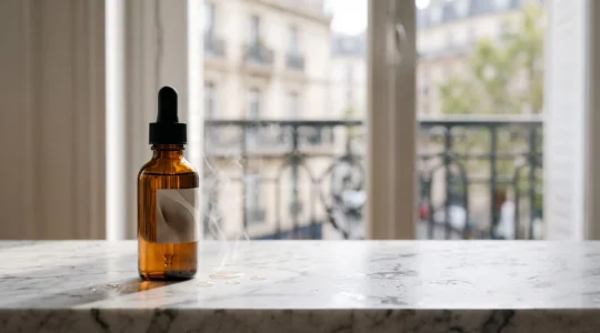 Flacon de e-liquide et ses composants essentiels mis en scene dans une ambiance francaise elegante et epuree