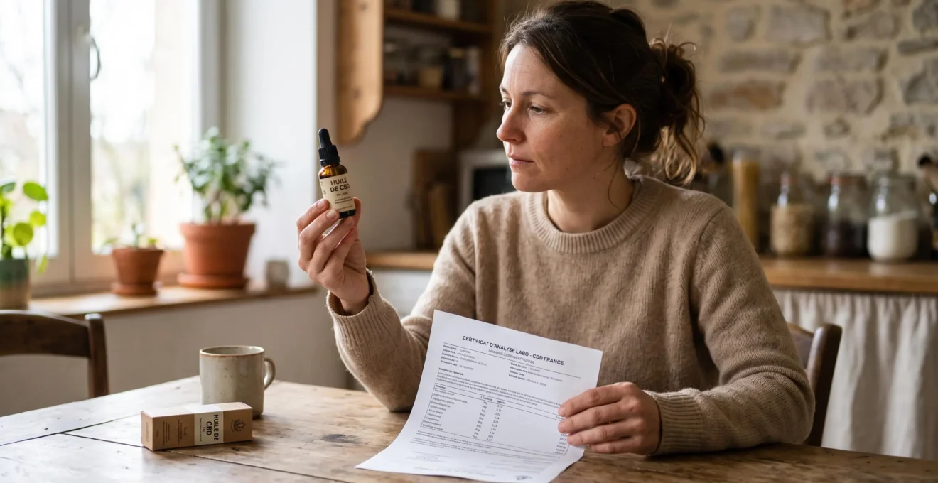 Un consommateur examine une bouteille d'huile de CBD et un certificat d'analyse posé sur une table en bois.
