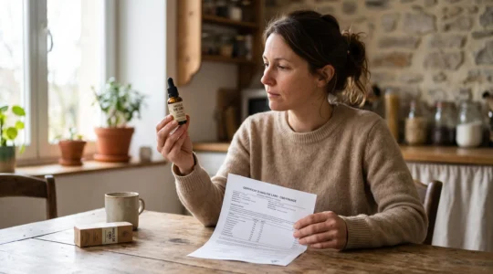 Un consommateur examine une bouteille d'huile de CBD et un certificat d'analyse posé sur une table en bois.