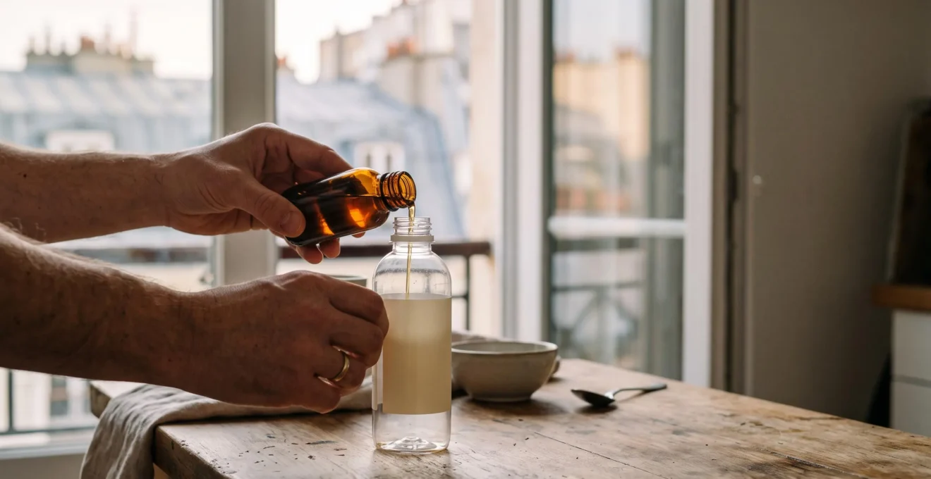 Un vapoteur verse avec precision un booster de nicotine dans un flacon de base neutre pour creer son propre dosage sur mesure