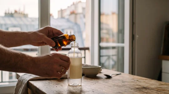 Un vapoteur verse avec precision un booster de nicotine dans un flacon de base neutre pour creer son propre dosage sur mesure