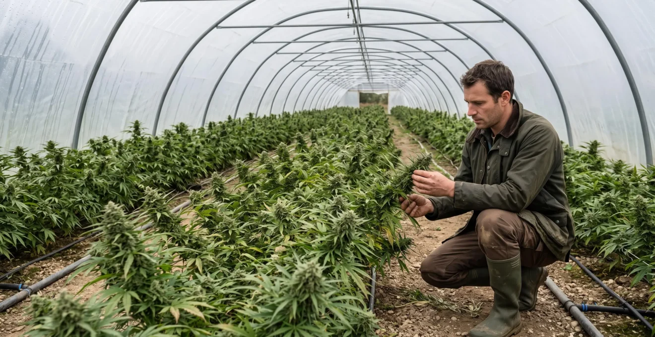Un cultivateur inspecte les fleurs de plants de chanvre à genoux dans une serre de production française.