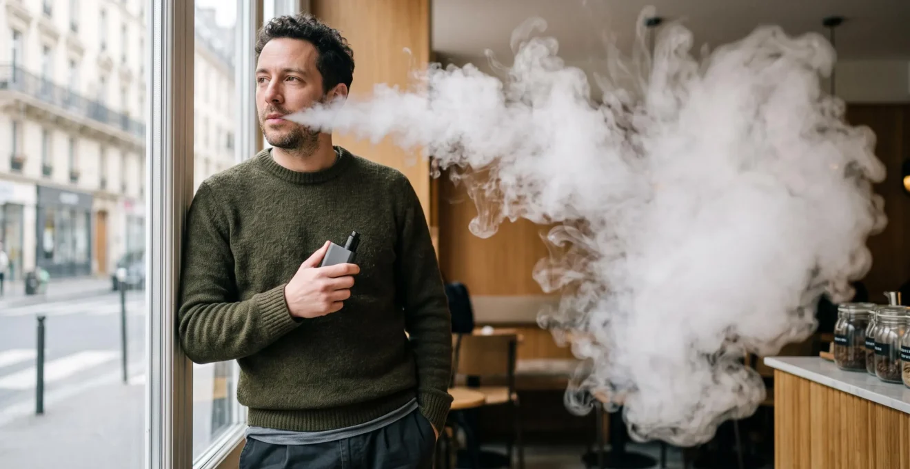 Vapoteur savourant une bouffée de vapeur dense dans une ambiance urbaine française, symbole d'une transition maîtrisée vers le sub-ohm