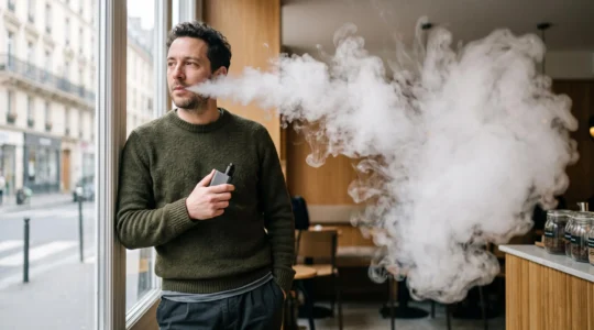 Vapoteur savourant une bouffée de vapeur dense dans une ambiance urbaine française, symbole d'une transition maîtrisée vers le sub-ohm