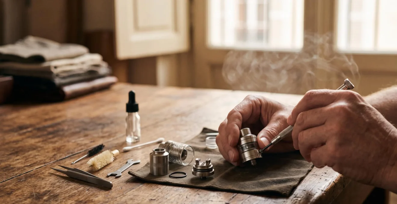 Gros plan artisanal sur un atomiseur de cigarette électronique démonté et entretenu à la main sur un établi en bois
