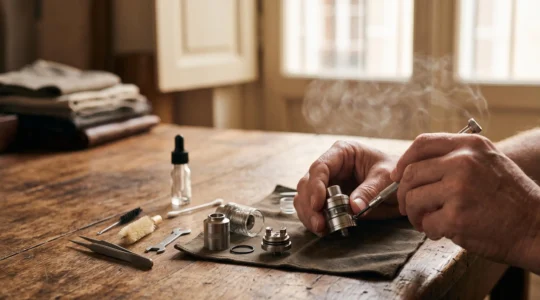 Gros plan artisanal sur un atomiseur de cigarette électronique démonté et entretenu à la main sur un établi en bois