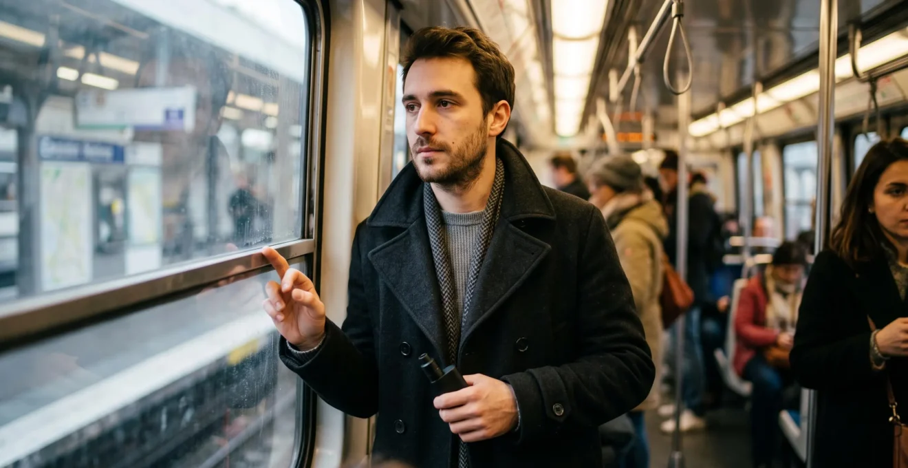 Vapoteur dans une rame de metro parisien tenant discretement une cigarette electronique sans marque, illustrant le choix d'autonomie adapte a son mode de vie