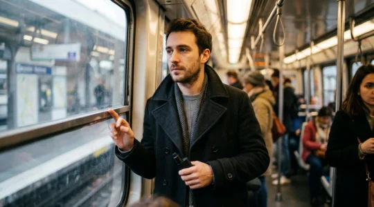 Vapoteur dans une rame de metro parisien tenant discretement une cigarette electronique sans marque, illustrant le choix d'autonomie adapte a son mode de vie