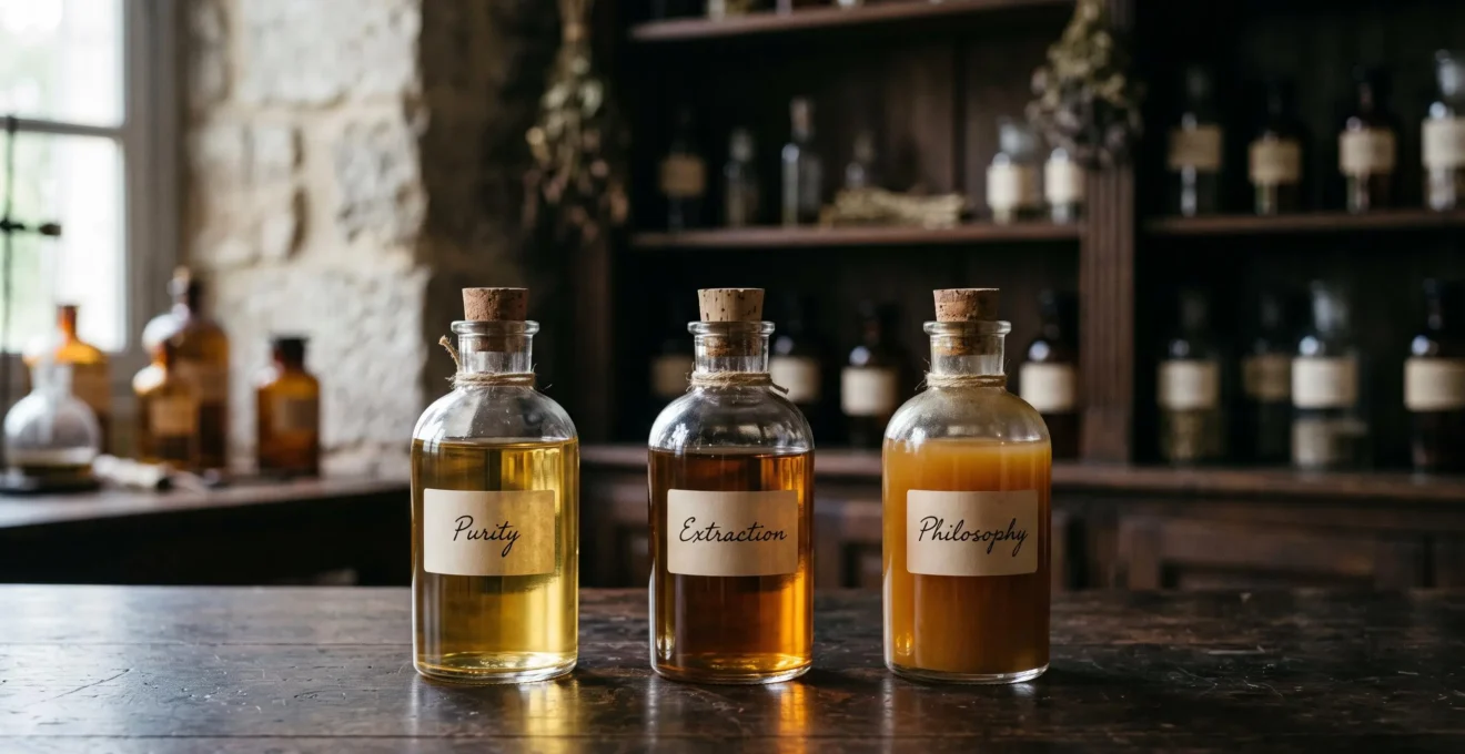 Trois flacons en verre représentant symboliquement les niveaux de pureté obtenus par différentes méthodes d'extraction du CBD