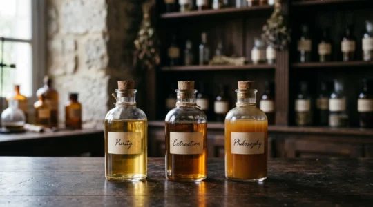 Trois flacons en verre représentant symboliquement les niveaux de pureté obtenus par différentes méthodes d'extraction du CBD