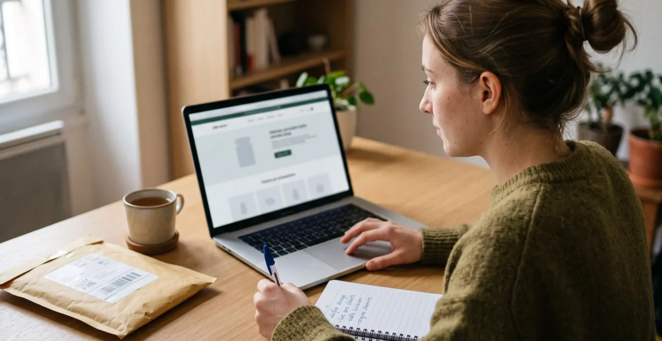 Une femme consulte le site d'un vendeur de CBD sur son ordinateur portable en prenant des notes.