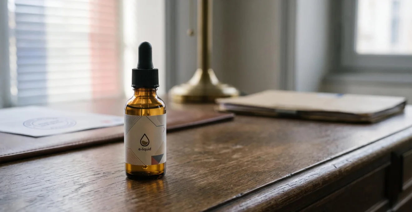 Petit flacon de e-liquide de 10 ml posé sur un bureau évoquant la réglementation française de la vape