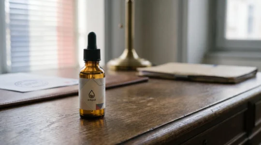 Petit flacon de e-liquide de 10 ml posé sur un bureau évoquant la réglementation française de la vape