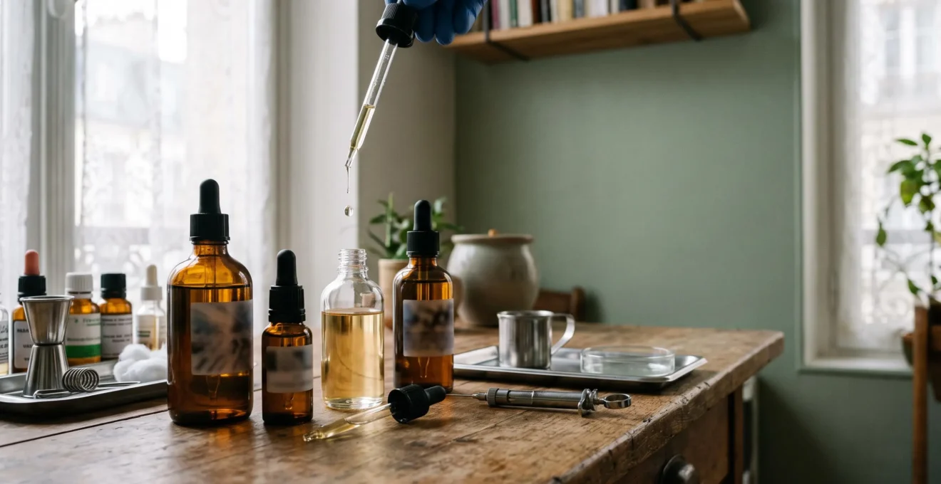 Flacons compte-gouttes de laboratoire artisanal pour la préparation d'e-liquides DIY, ambiance atelier français