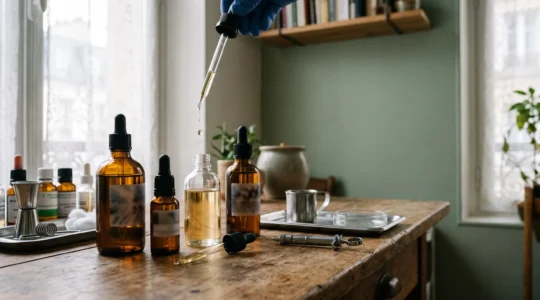 Flacons compte-gouttes de laboratoire artisanal pour la préparation d'e-liquides DIY, ambiance atelier français