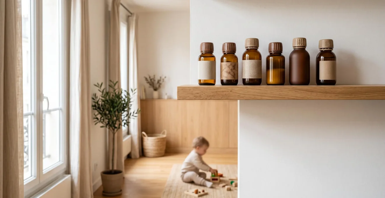 Flacons d'e-liquide avec bouchons de sécurité enfant disposés sur une étagère de rangement domestique en France, hors de portée d'un jeune enfant