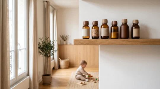 Flacons d'e-liquide avec bouchons de sécurité enfant disposés sur une étagère de rangement domestique en France, hors de portée d'un jeune enfant