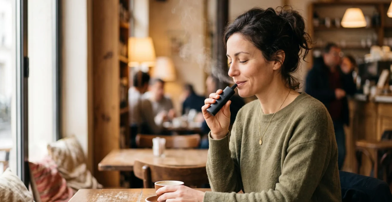 Portrait sensoriel d'un vapoteur savourant un e-liquide dans un cafe francais, evoquant le gout et la composition du propylene glycol