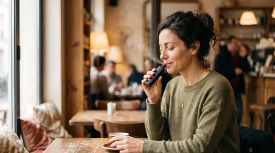 Portrait sensoriel d'un vapoteur savourant un e-liquide dans un cafe francais, evoquant le gout et la composition du propylene glycol